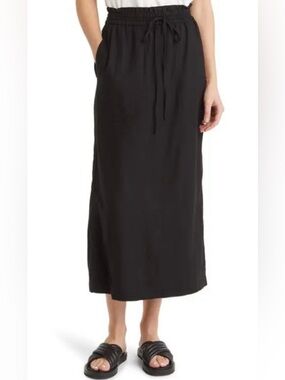 Treasure & Bond Black Drawstring-Waist Linen Blend Midi Skirt